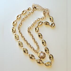 2 Elegant Gold Necklaces: 1 with Pearl Pendant & 1 Puffed Mariner Link